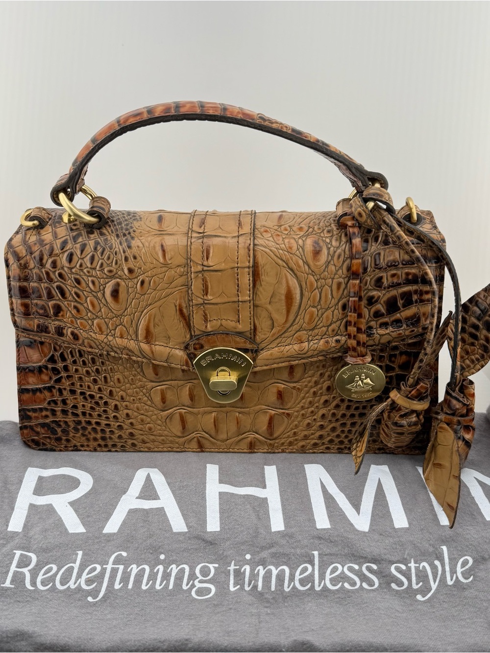 Brahmin Brown Croc-Embossed Leather Satchel with Gold Hardware